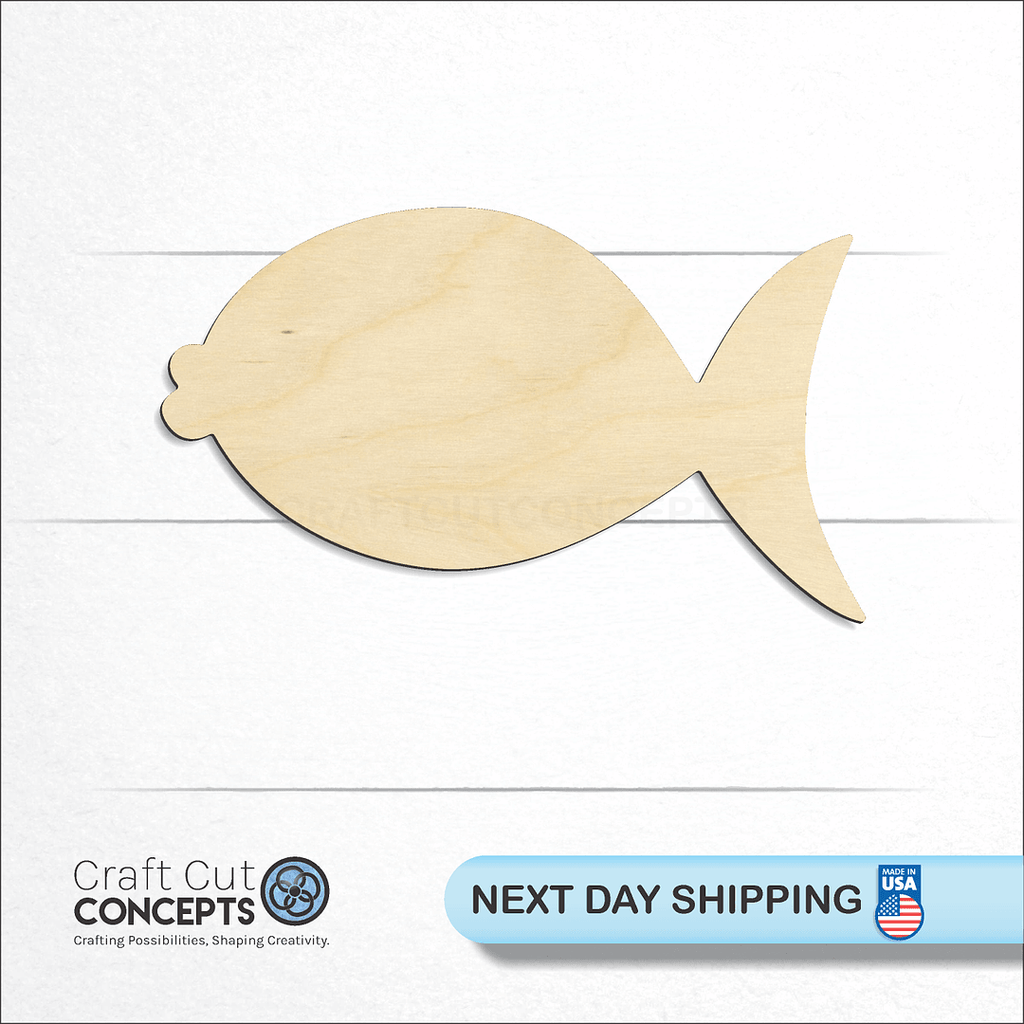 Craft Cut Concepts logo and next day shipping banner with an unfinished wood Lady Fish craft shape and blank