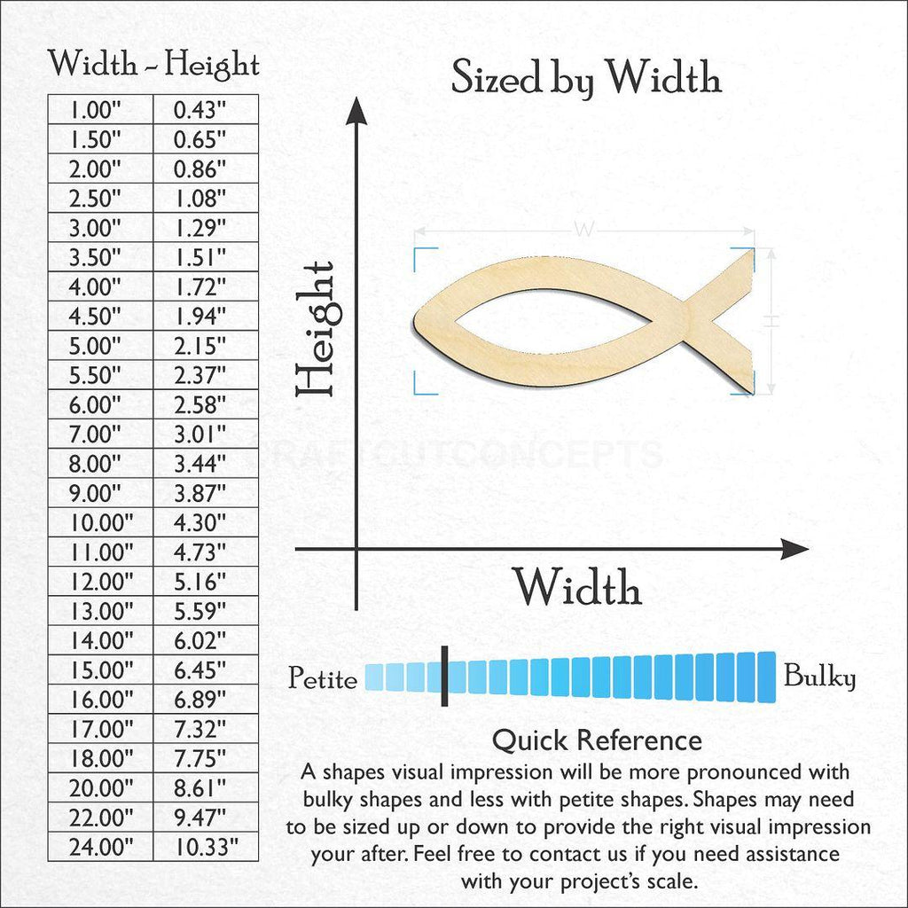 Sizes available for a laser cut Jesus Fish craft blank