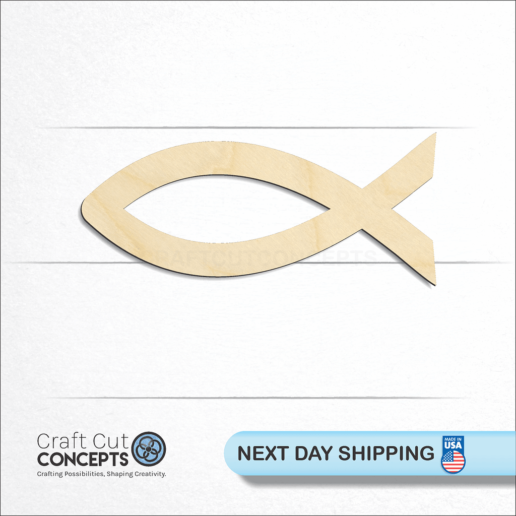 Craft Cut Concepts logo and next day shipping banner with an unfinished wood Jesus Fish craft shape and blank