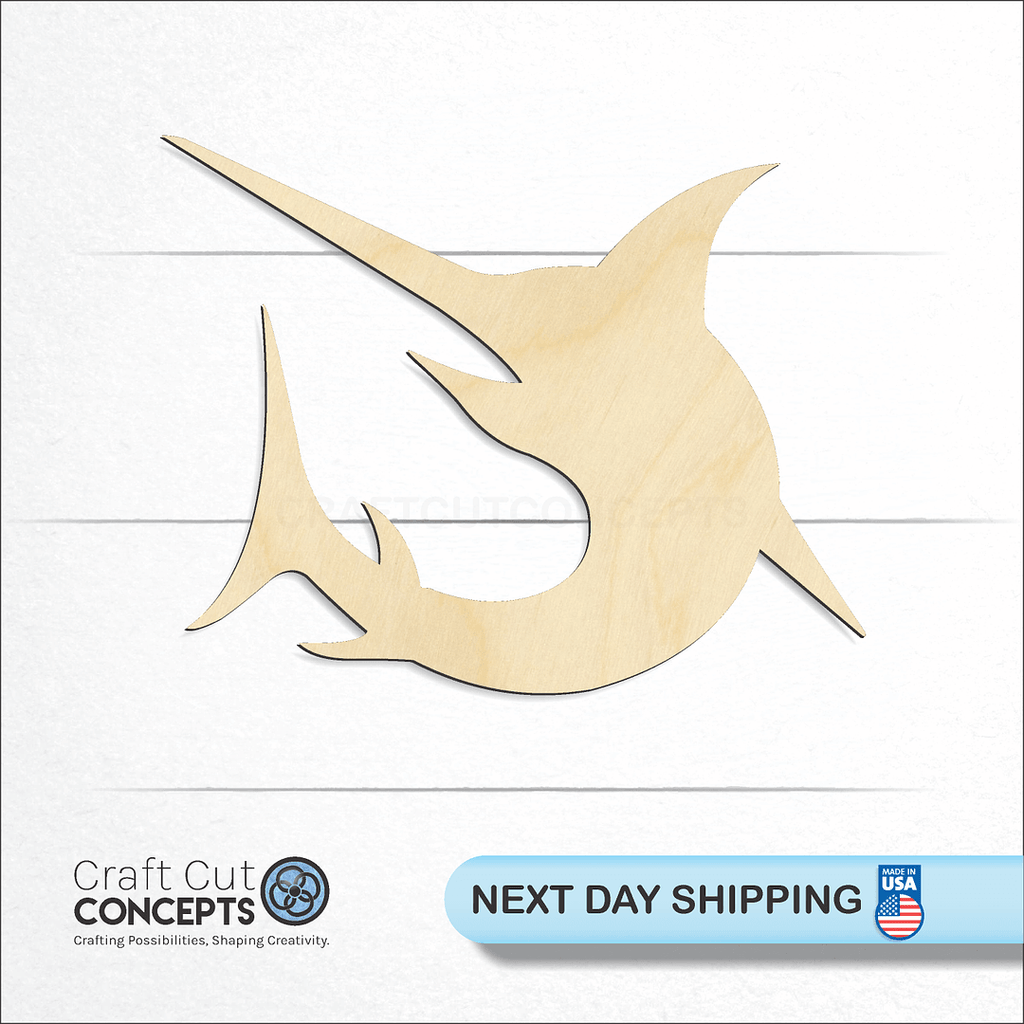 Craft Cut Concepts logo and next day shipping banner with an unfinished wood Jesus Fish craft shape and blank