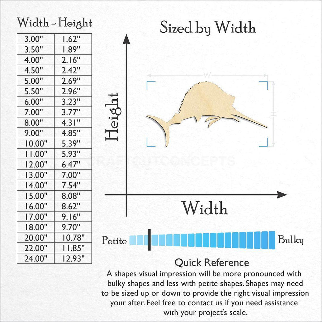 Sizes available for a laser cut Sail Fish craft blank