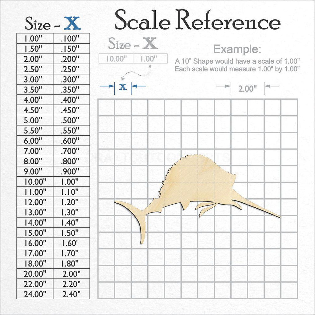 A scale and graph image showing a wood Sail Fish craft blank