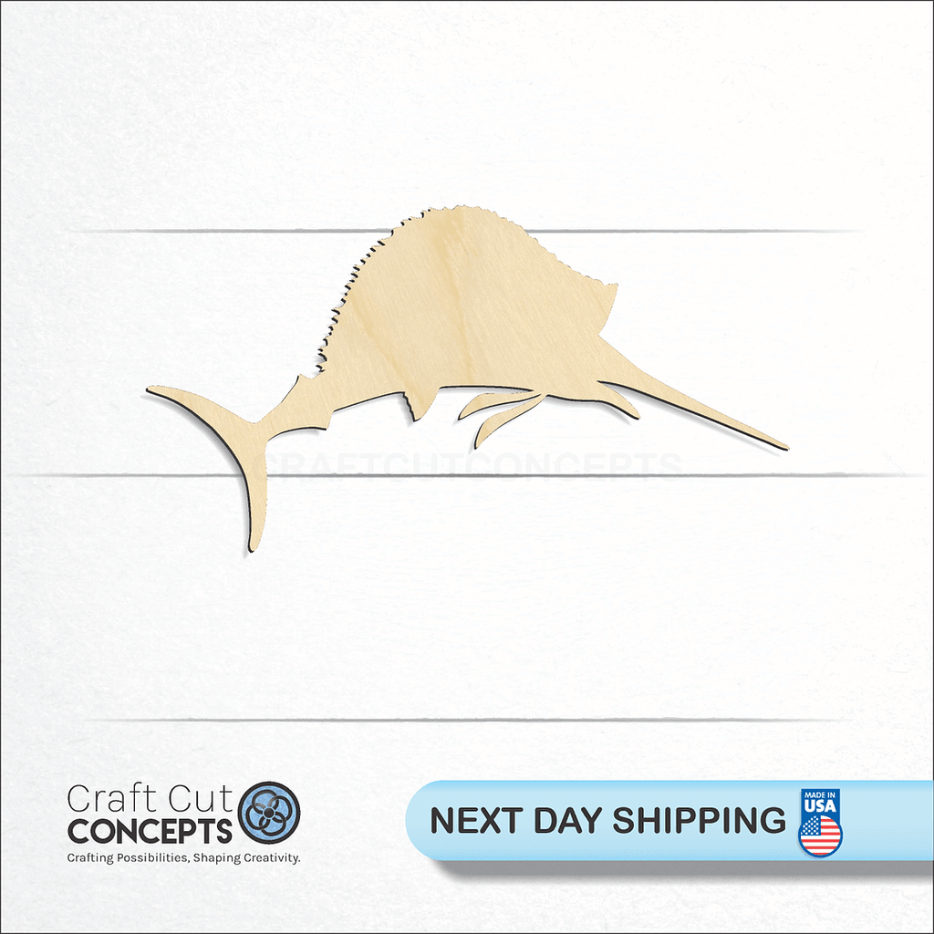 Craft Cut Concepts logo and next day shipping banner with an unfinished wood Sail Fish craft shape and blank