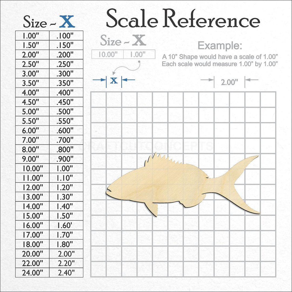 A scale and graph image showing a wood Yellow Snapper Fish craft blank