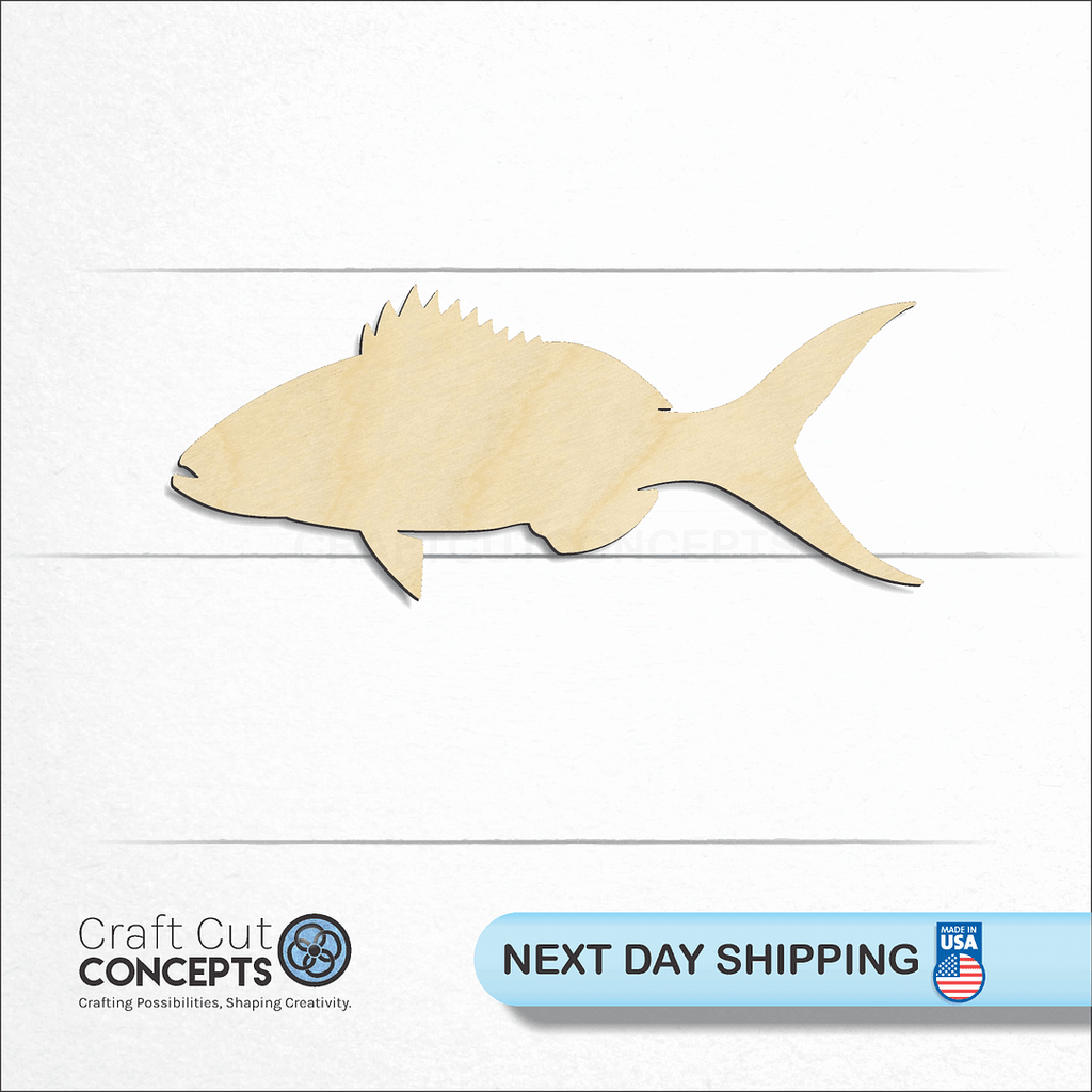 Craft Cut Concepts logo and next day shipping banner with an unfinished wood Yellow Snapper Fish craft shape and blank