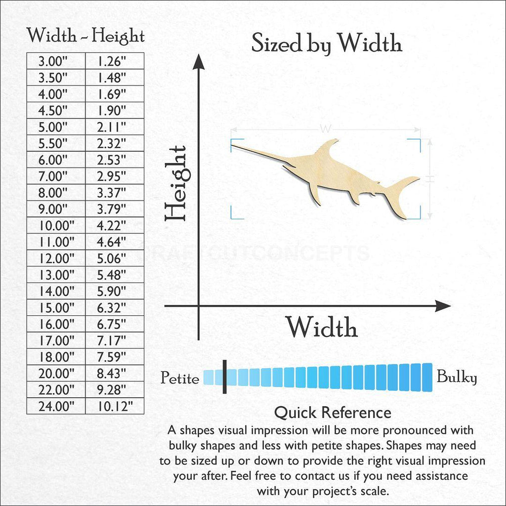 Sizes available for a laser cut Sword Fish craft blank