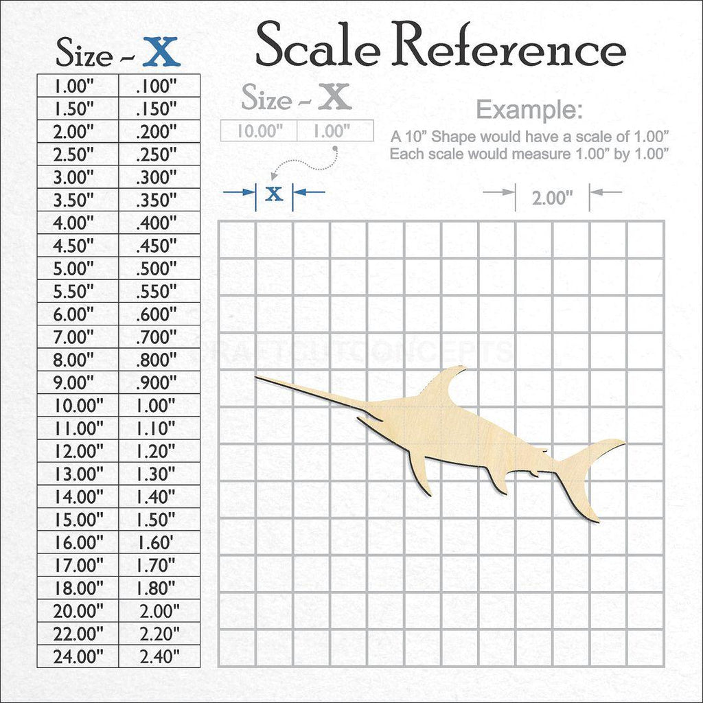 A scale and graph image showing a wood Sword Fish craft blank