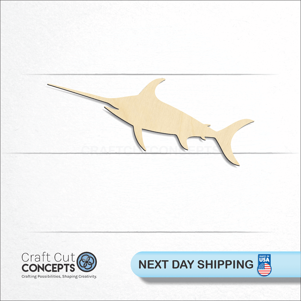 Craft Cut Concepts logo and next day shipping banner with an unfinished wood Sword Fish craft shape and blank