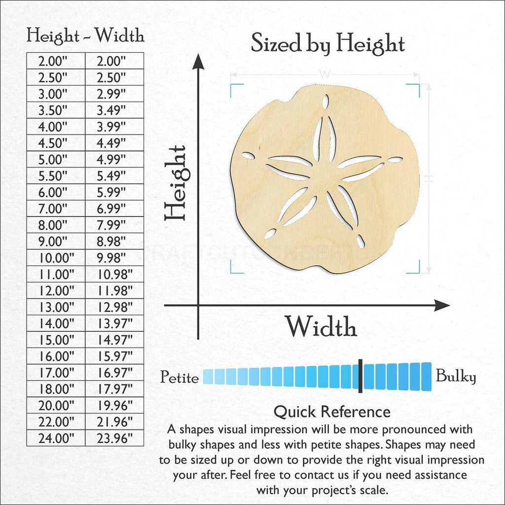 Sizes available for a laser cut Sand Dollar craft blank