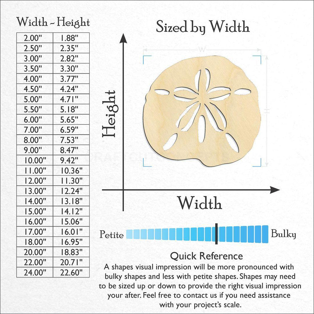 Sizes available for a laser cut Sand Dollar craft blank