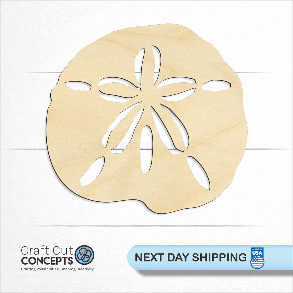 Craft Cut Concepts logo and next day shipping banner with an unfinished wood Sand Dollar craft shape and blank