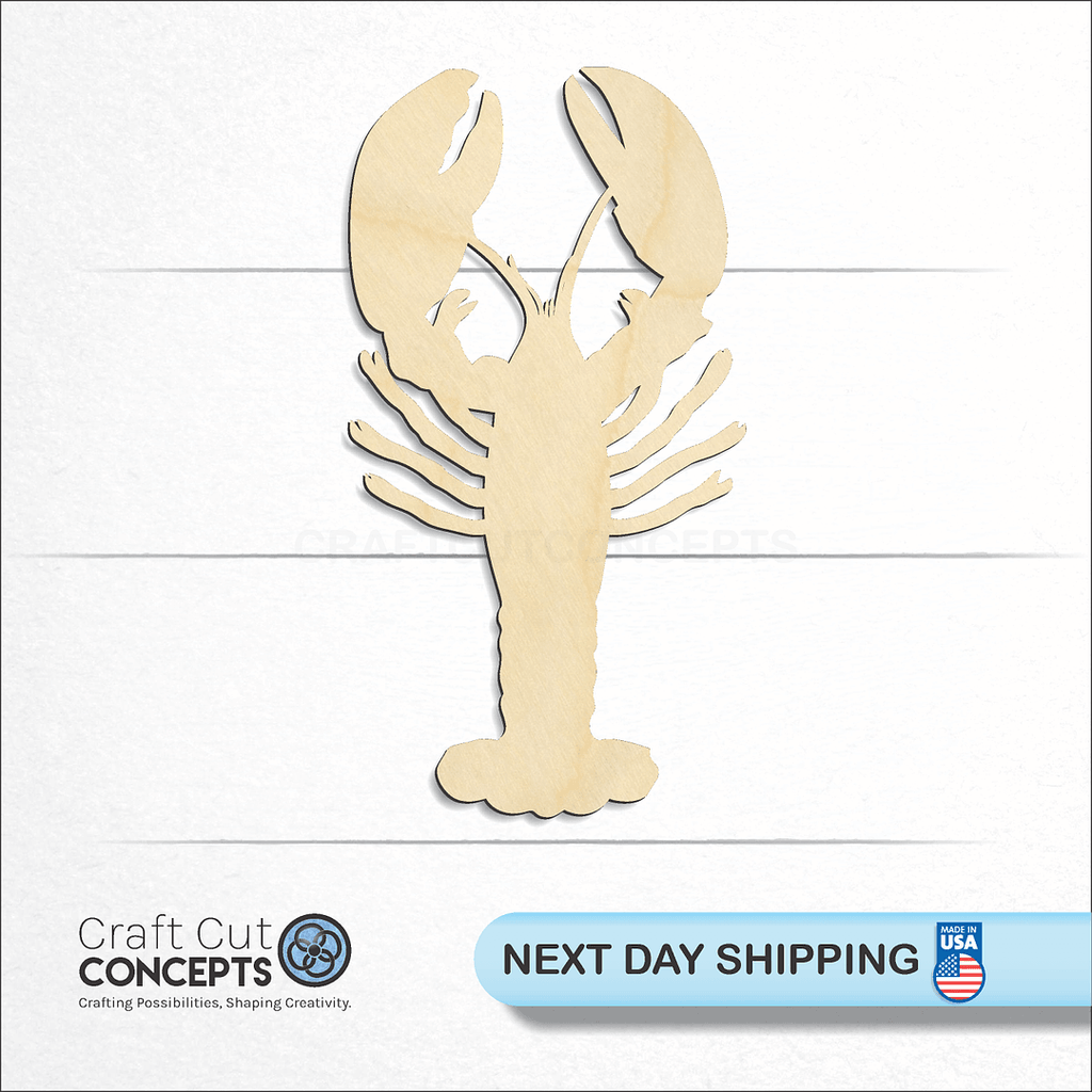 Craft Cut Concepts logo and next day shipping banner with an unfinished wood Crayfish craft shape and blank