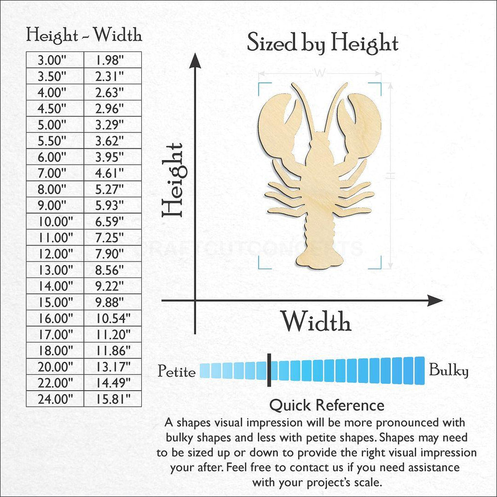 Sizes available for a laser cut Lobster craft blank