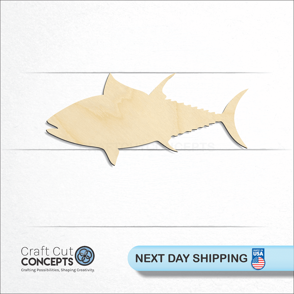 Craft Cut Concepts logo and next day shipping banner with an unfinished wood Tuna craft shape and blank