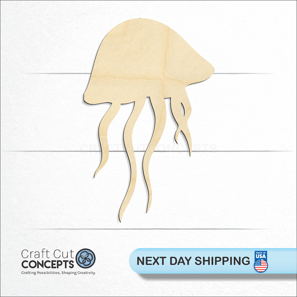 Craft Cut Concepts logo and next day shipping banner with an unfinished wood Jelly Fish craft shape and blank