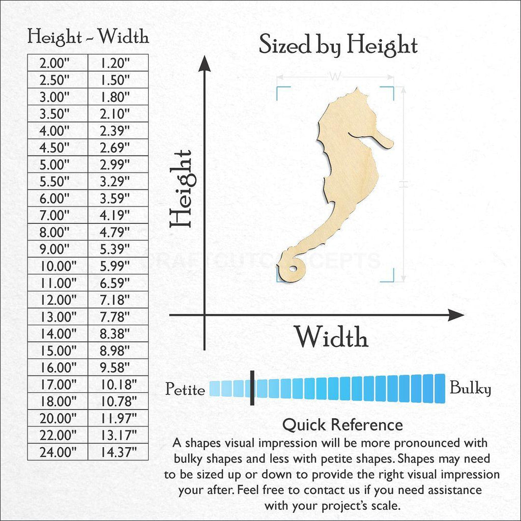 Sizes available for a laser cut Sea Horse craft blank