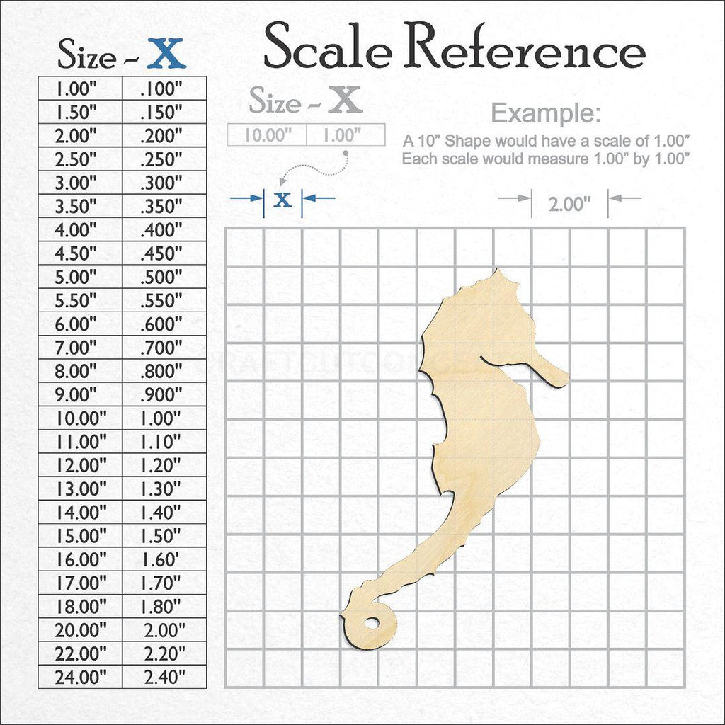 A scale and graph image showing a wood Sea Horse craft blank