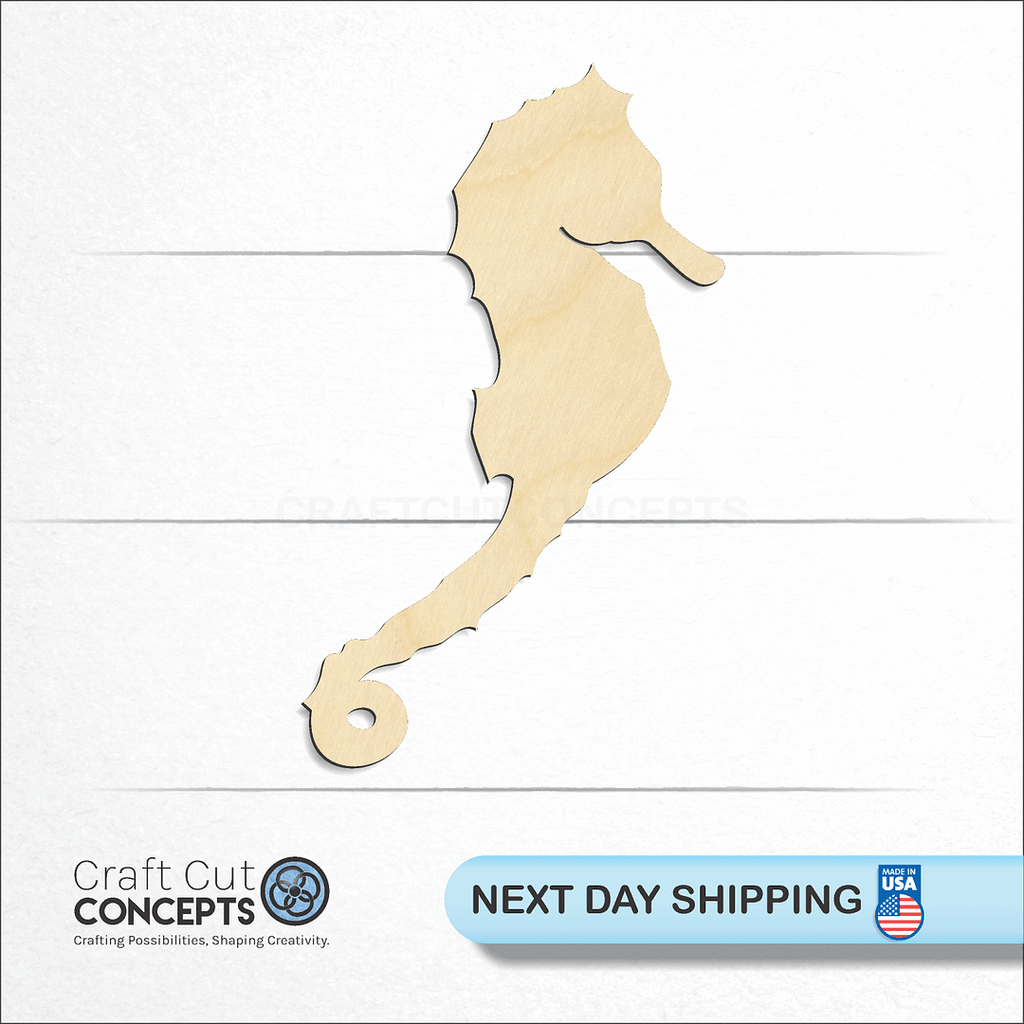 Craft Cut Concepts logo and next day shipping banner with an unfinished wood Sea Horse craft shape and blank