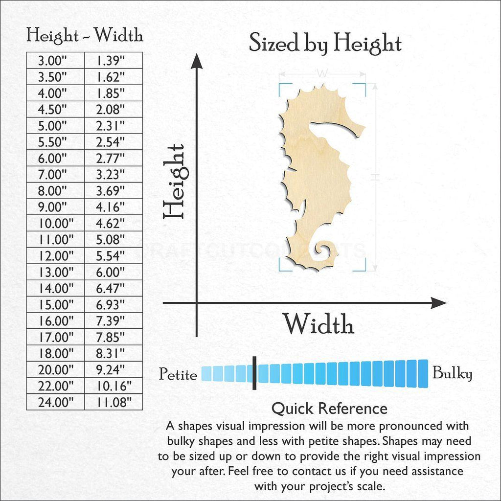 Sizes available for a laser cut Sea Horse craft blank