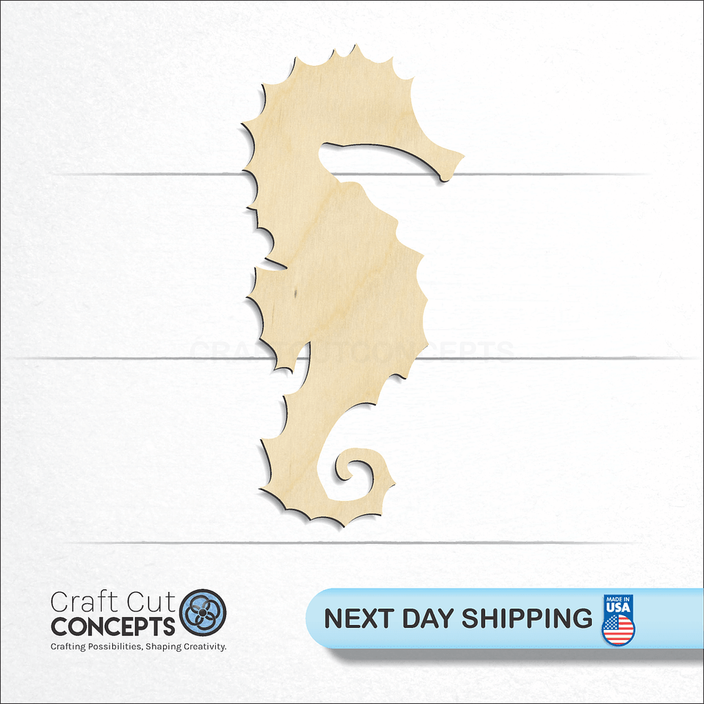 Craft Cut Concepts logo and next day shipping banner with an unfinished wood Sea Horse craft shape and blank