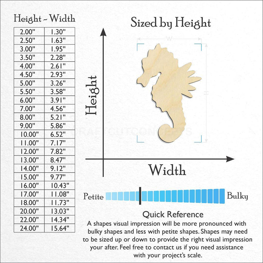 Sizes available for a laser cut Sea Horse craft blank