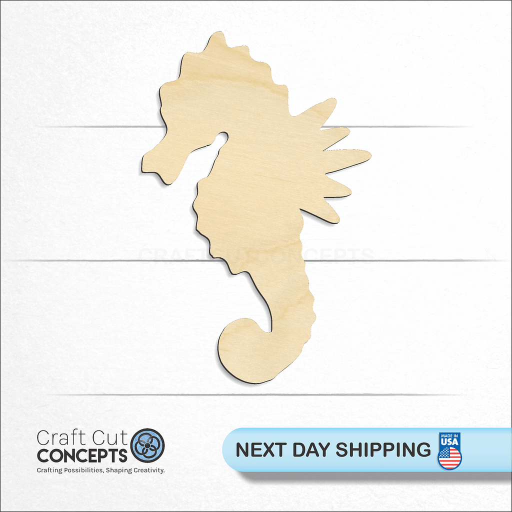 Craft Cut Concepts logo and next day shipping banner with an unfinished wood Sea Horse craft shape and blank