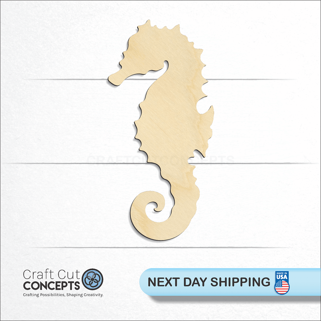 Craft Cut Concepts logo and next day shipping banner with an unfinished wood Sea Horse craft shape and blank