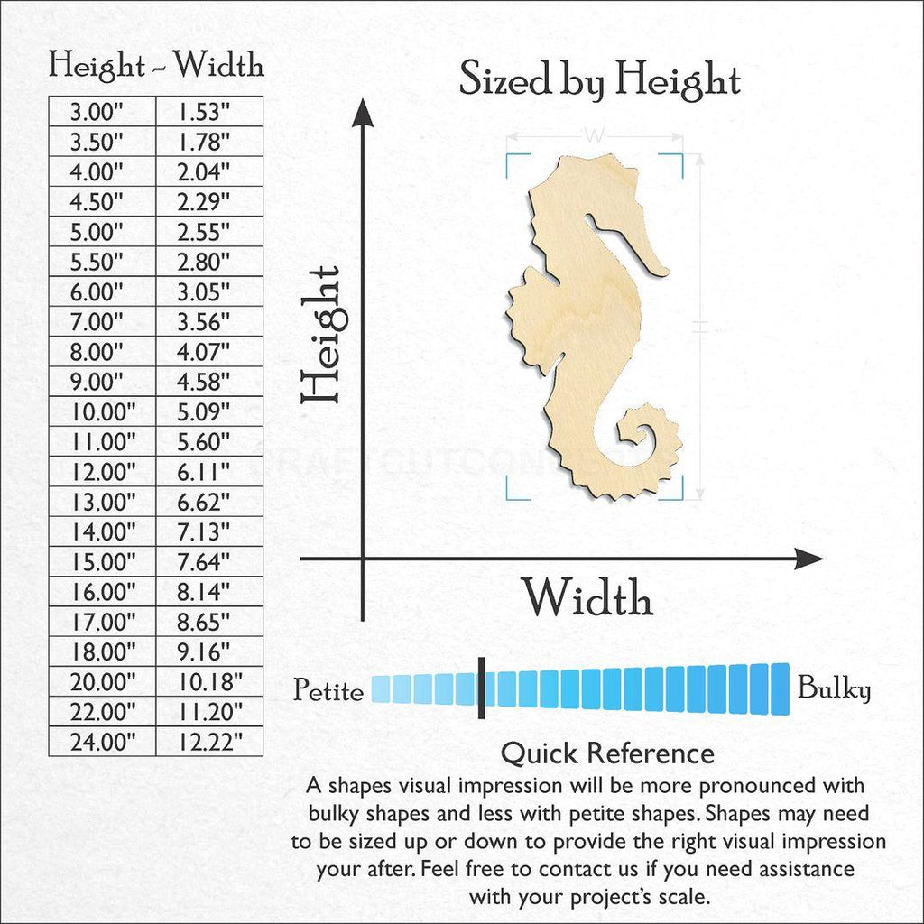 Sizes available for a laser cut Sea Horse craft blank