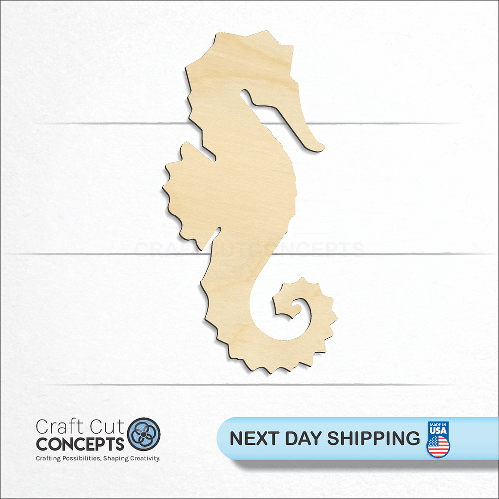 Craft Cut Concepts logo and next day shipping banner with an unfinished wood Sea Horse craft shape and blank