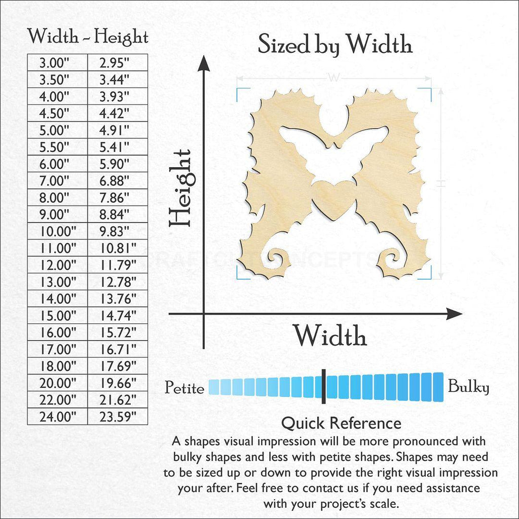 Sizes available for a laser cut Kissing Heart Sea Horse craft blank