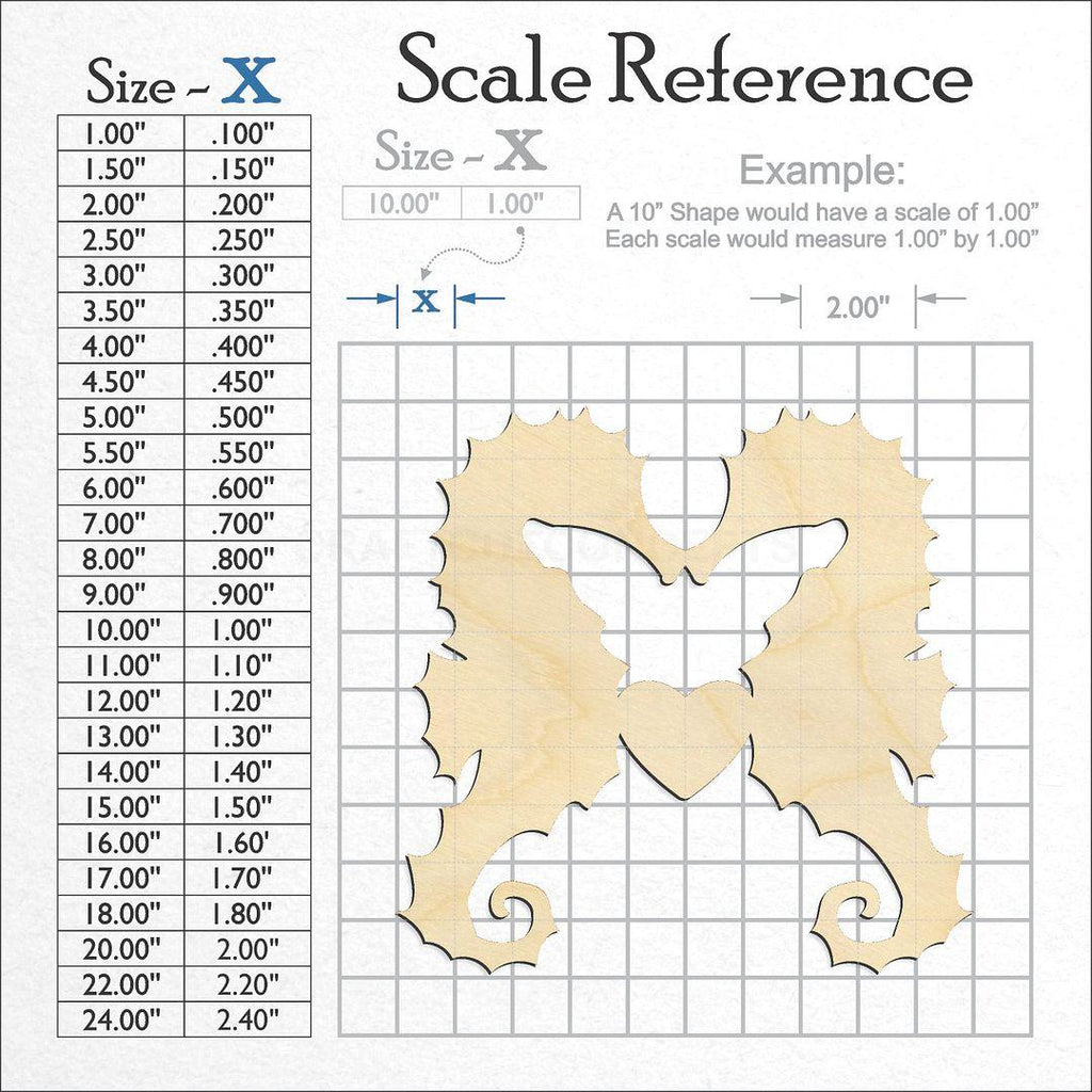 A scale and graph image showing a wood Kissing Heart Sea Horse craft blank