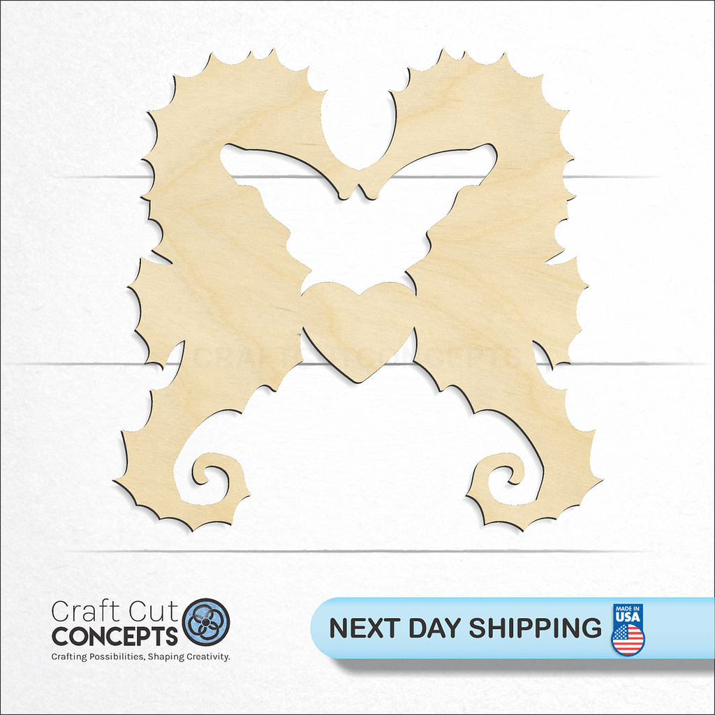 Craft Cut Concepts logo and next day shipping banner with an unfinished wood Kissing Heart Sea Horse craft shape and blank