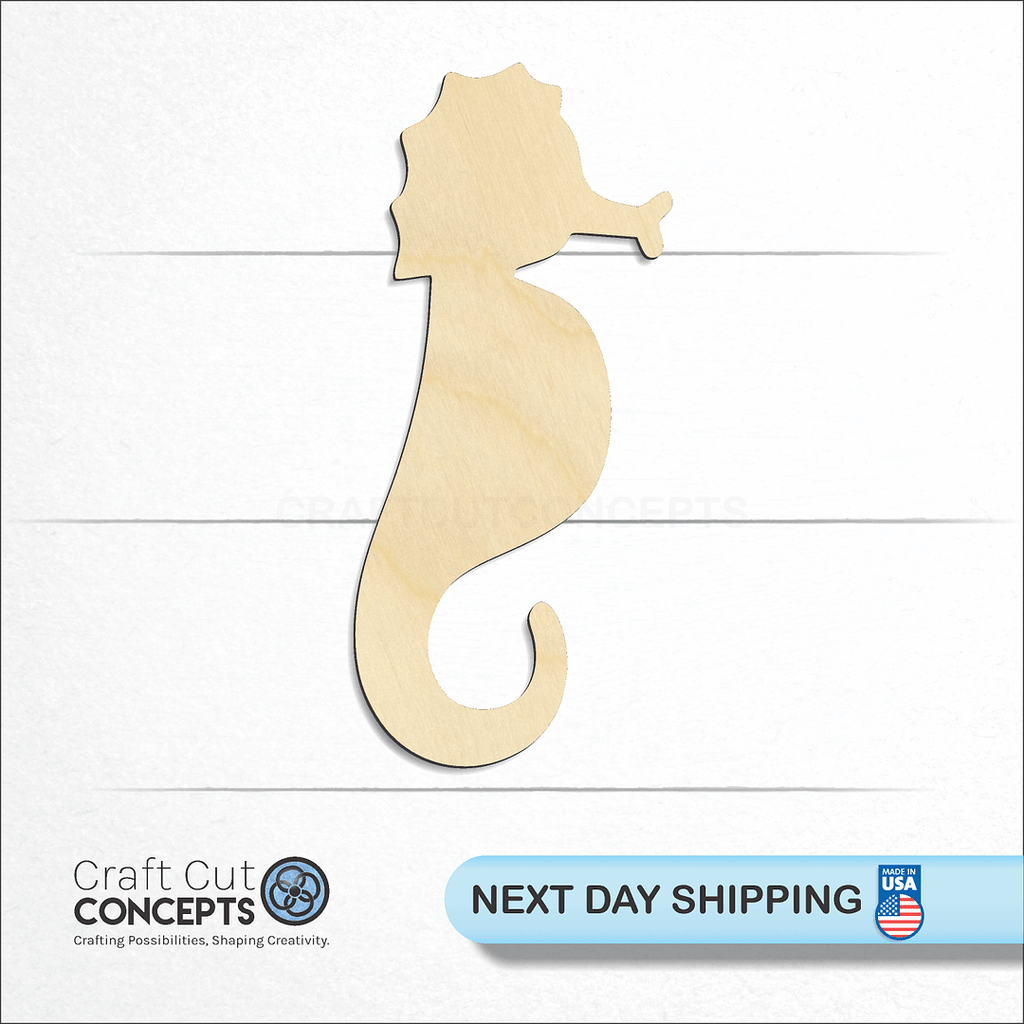 Craft Cut Concepts logo and next day shipping banner with an unfinished wood Sea Horse craft shape and blank