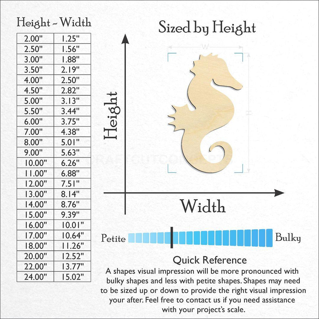 Sizes available for a laser cut Sea Horse craft blank