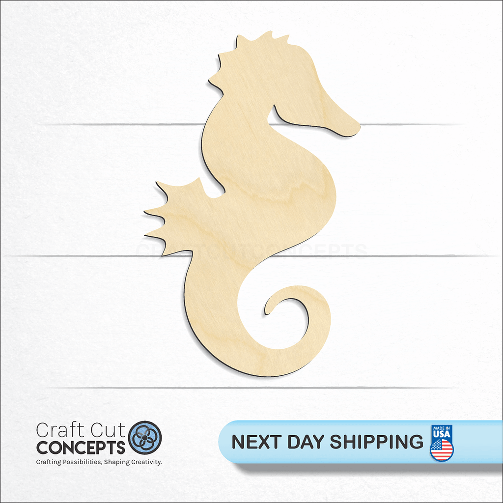 Craft Cut Concepts logo and next day shipping banner with an unfinished wood Sea Horse craft shape and blank