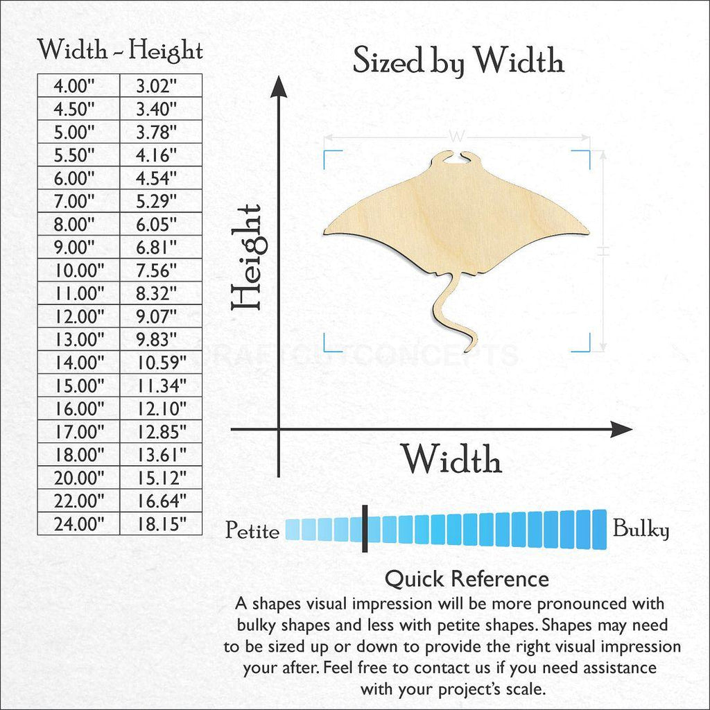 Sizes available for a laser cut Manta Ray craft blank