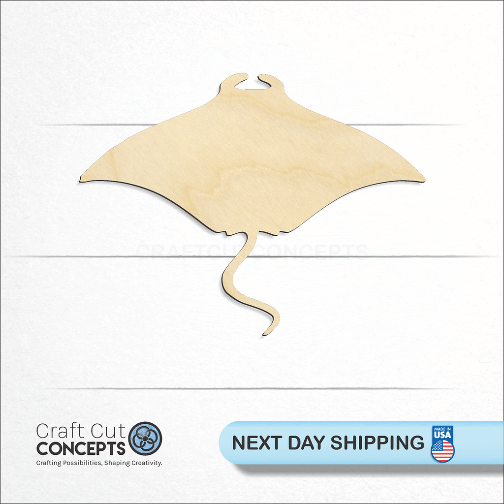 Craft Cut Concepts logo and next day shipping banner with an unfinished wood Manta Ray craft shape and blank