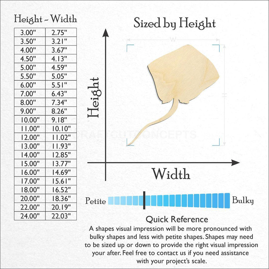 Sizes available for a laser cut Sting Ray craft blank