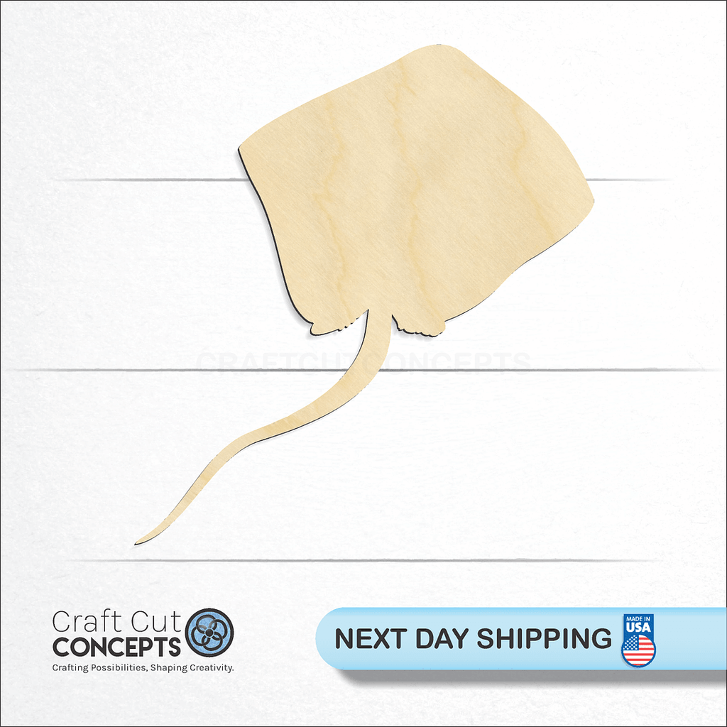 Craft Cut Concepts logo and next day shipping banner with an unfinished wood Sting Ray craft shape and blank