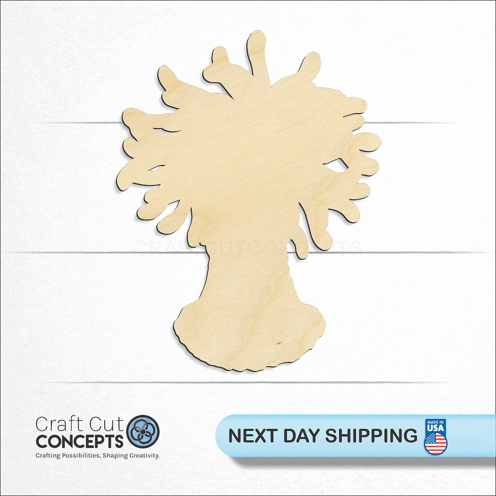 Craft Cut Concepts logo and next day shipping banner with an unfinished wood sea anemone craft shape and blank