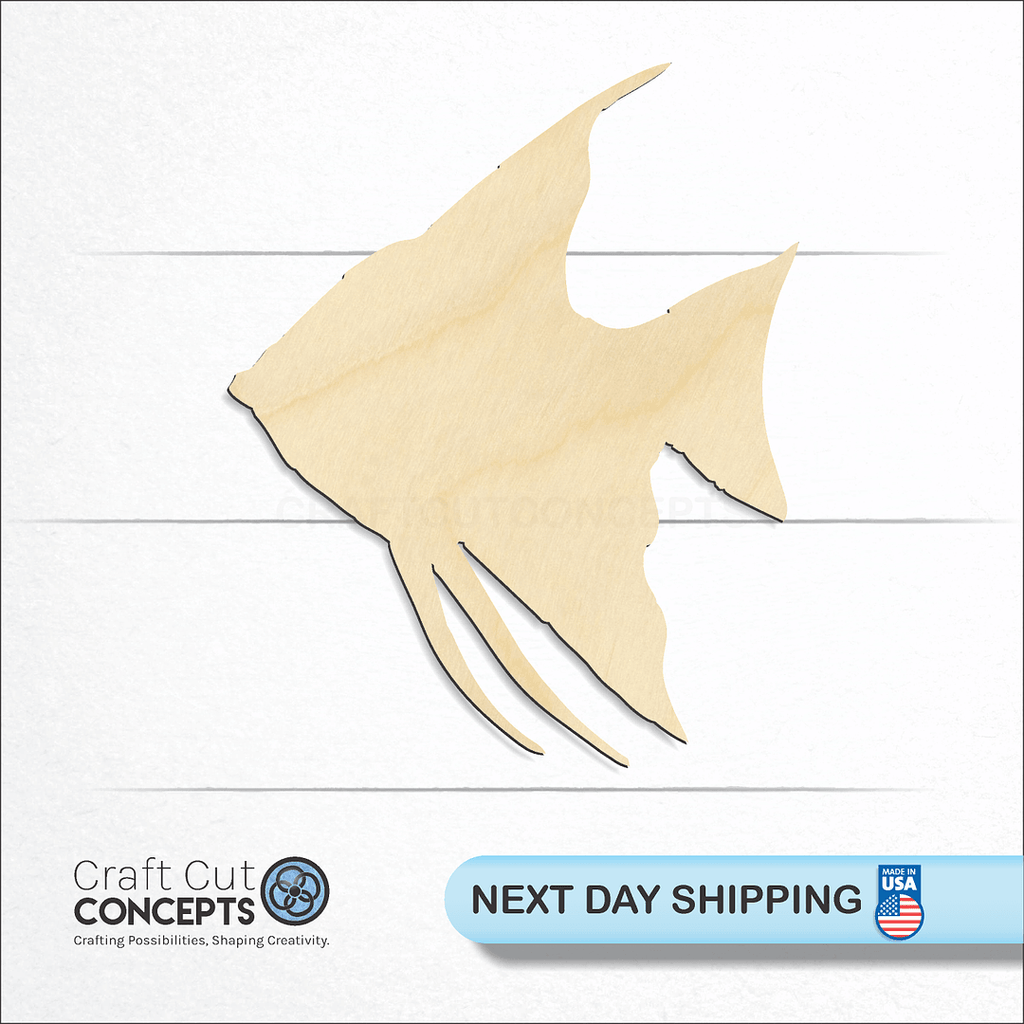 Craft Cut Concepts logo and next day shipping banner with an unfinished wood Angel Fish craft shape and blank