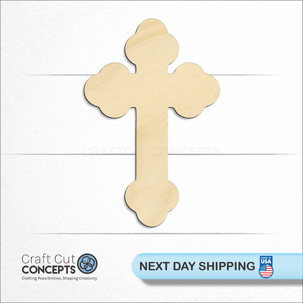 Craft Cut Concepts logo and next day shipping banner with an unfinished wood Victorian Cross craft shape and blank