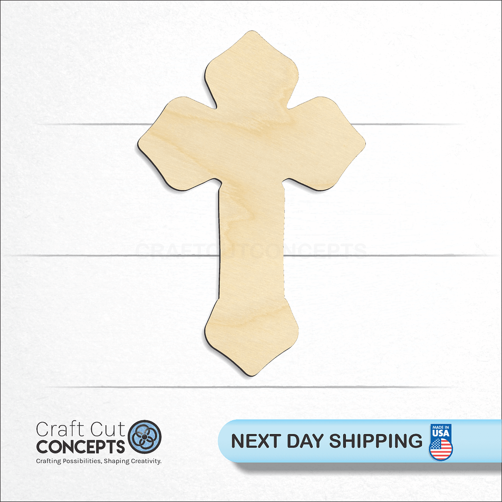 Craft Cut Concepts logo and next day shipping banner with an unfinished wood Deco Cross craft shape and blank