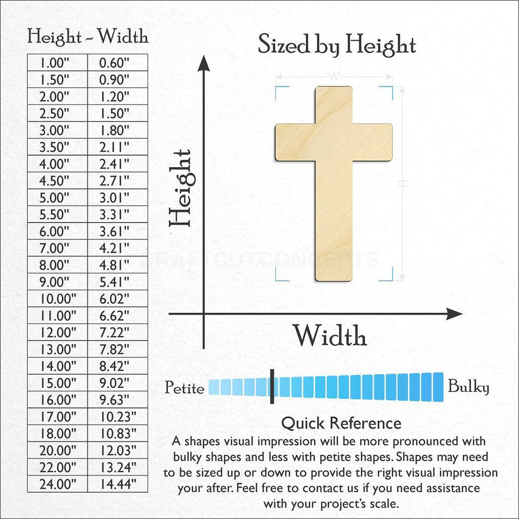 Sizes available for a laser cut Rounded Cross craft blank