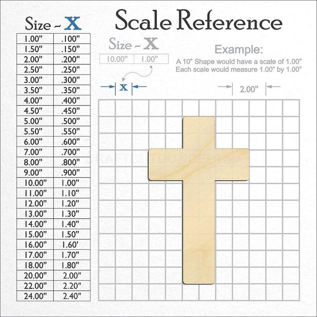 A scale and graph image showing a wood Rounded Cross craft blank