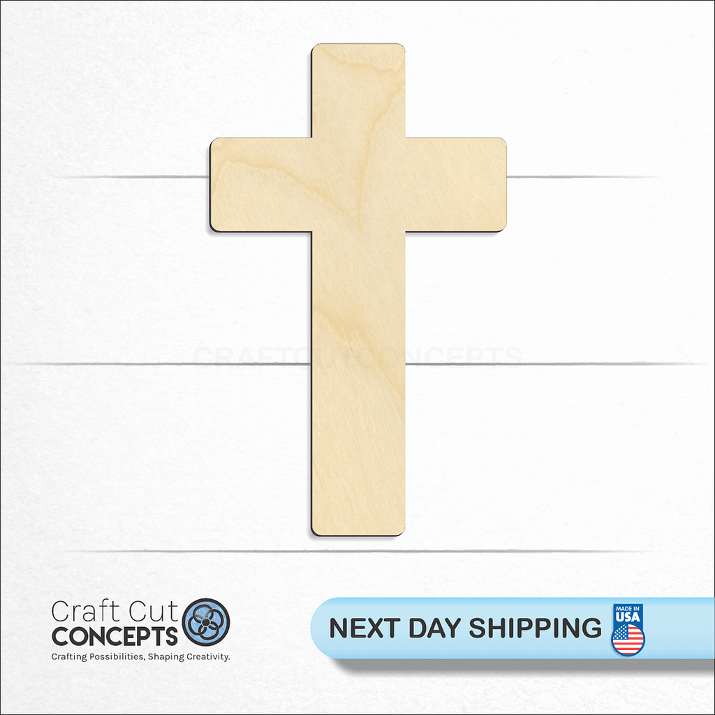 Craft Cut Concepts logo and next day shipping banner with an unfinished wood Rounded Cross craft shape and blank