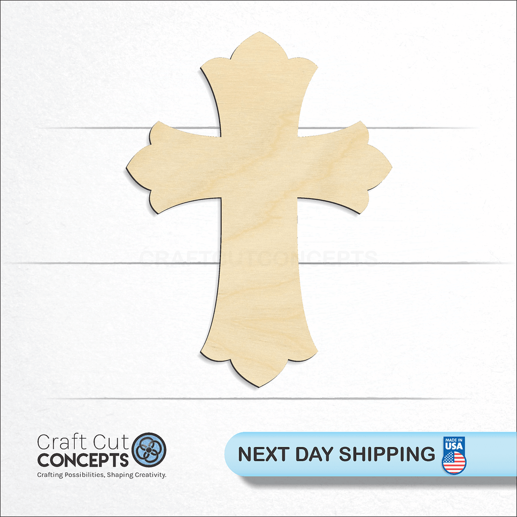 Craft Cut Concepts logo and next day shipping banner with an unfinished wood Patonse Cross craft shape and blank