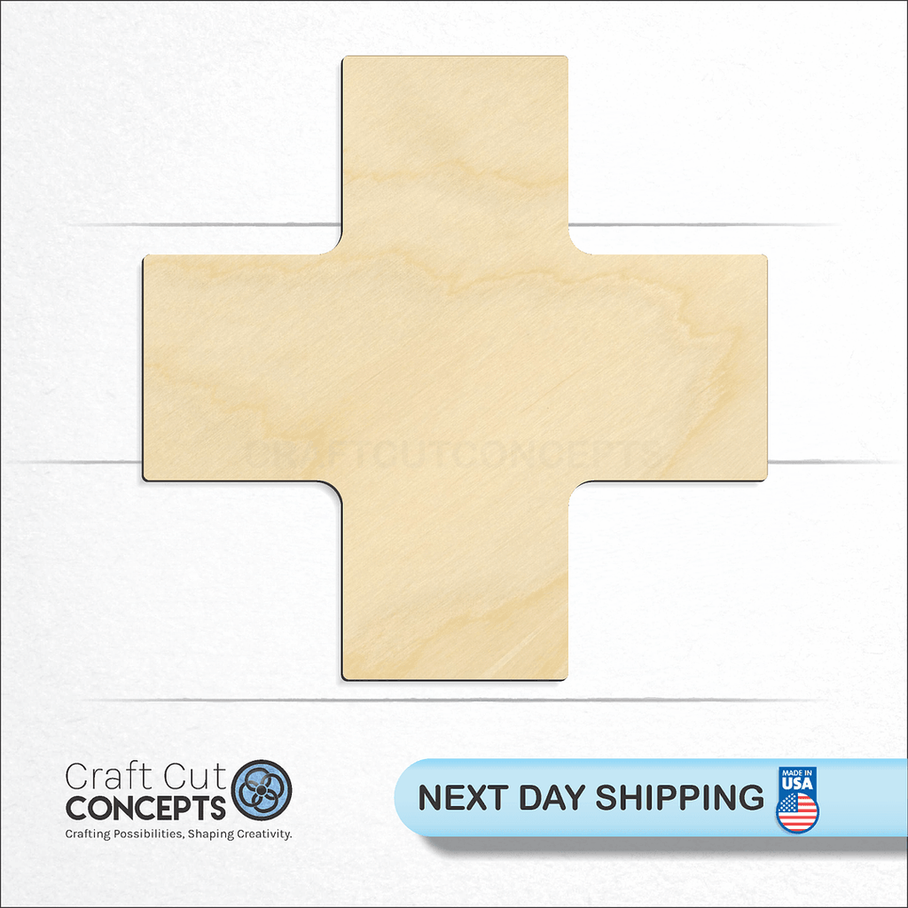 Craft Cut Concepts logo and next day shipping banner with an unfinished wood Swiss Cross craft shape and blank