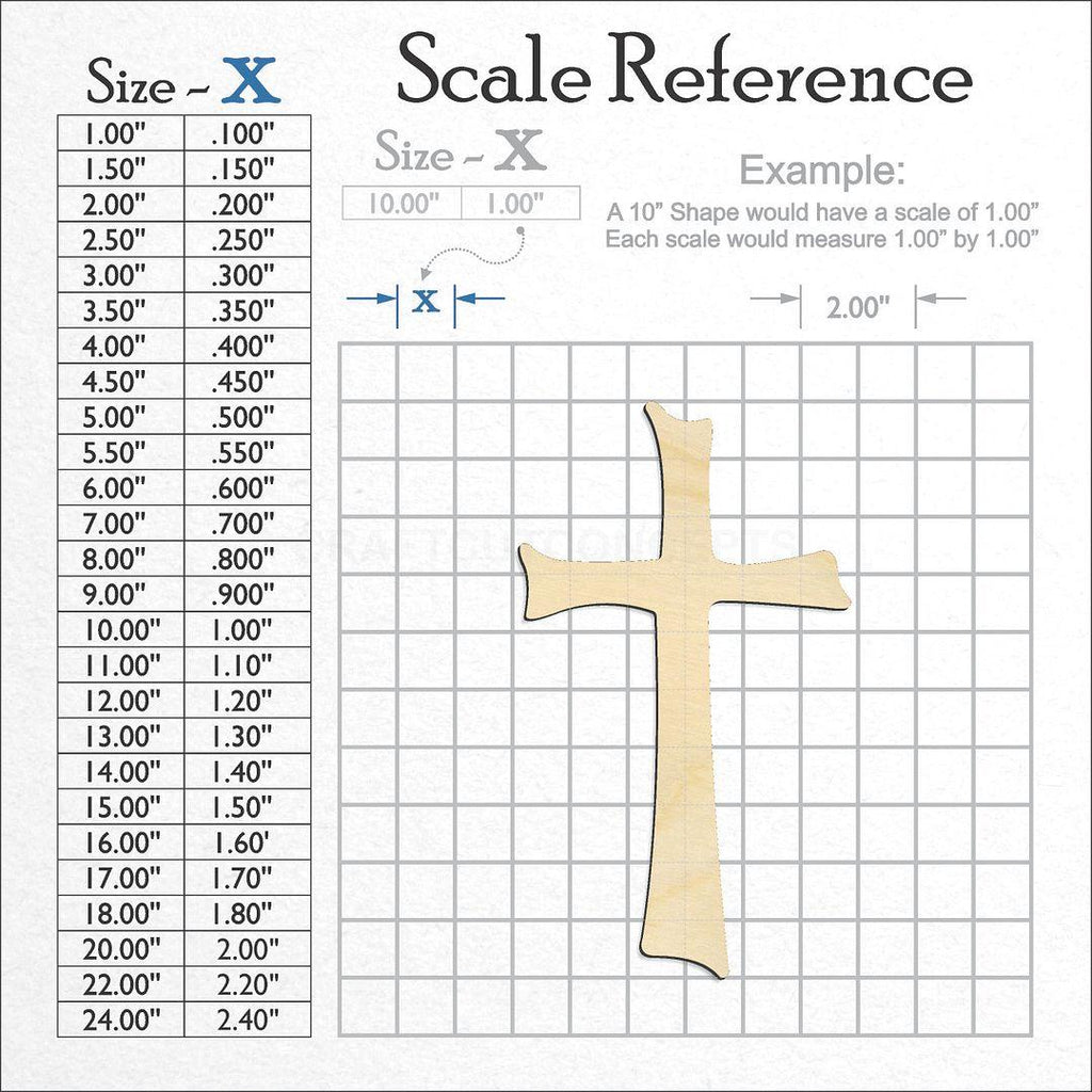 A scale and graph image showing a wood Decorative Cross craft blank