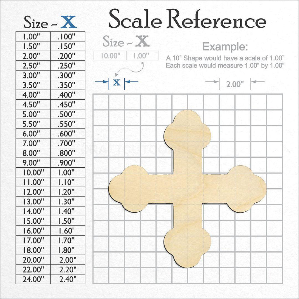 A scale and graph image showing a wood Bottony Cross craft blank